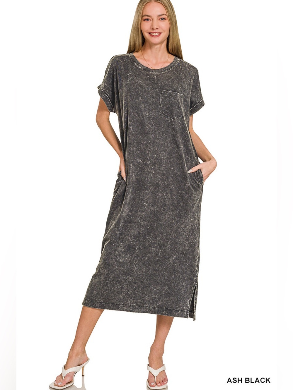 Zenana Ash Black Mineral Wash Midi Dress Size Large
